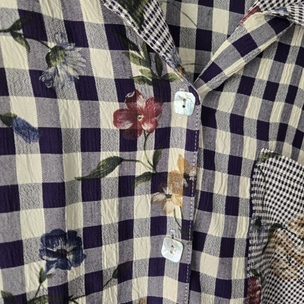 Teddi Vintage Mixed Print Gingham Floral Button Up Shirt Short Sleeve Purple L - Picture 2 of 6